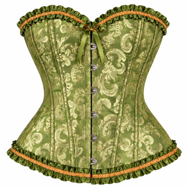 Green Satin Brocade Lace Up Back Corset for Adults