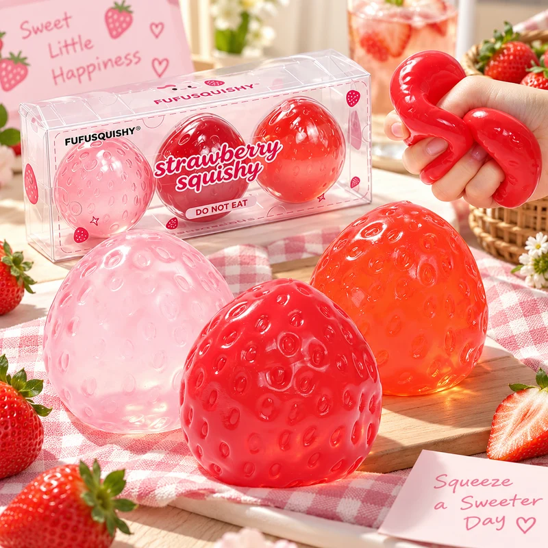 3PC Strawberry Coconut Oil Stress Ball Squishy Bundle Pack (No Rebound)