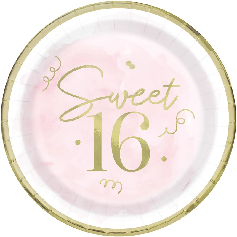 Blush Sweet 16 Small Round Dessert Paper Plates, 7 Inches, 8 Count