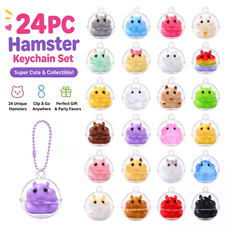 FUFUSQUISHY 24PCS Hamster Squishies Pop Box, Keychain Set, Individually Wrapped Balls, Classroom Prizes and Party Favors