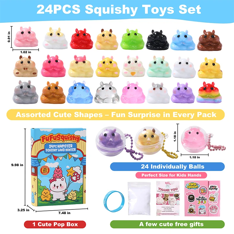 FUFUSQUISHY 24PCS Hamster Squishies Pop Box, Keychain Set, Individually Wrapped Balls, Classroom Prizes and Party Favors