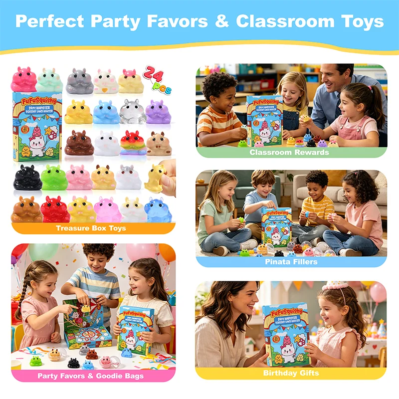 FUFUSQUISHY 24PCS Hamster Squishies Pop Box, Keychain Set, Individually Wrapped Balls, Classroom Prizes and Party Favors