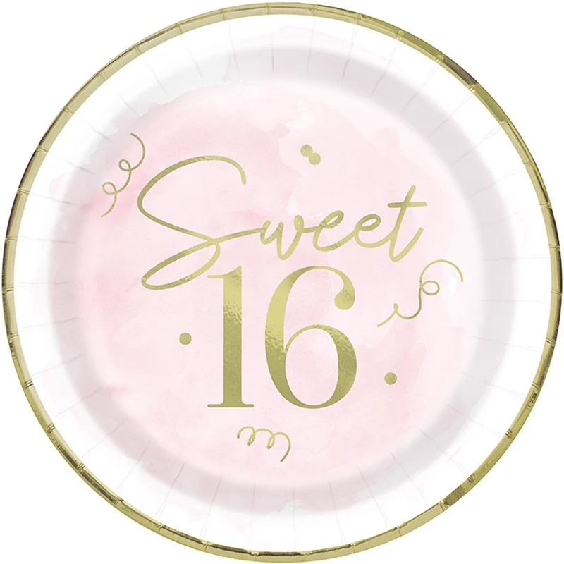Blush Sweet 16 Birthday Large Round Lunch Paper Plates, 10 Inches, 8 Count