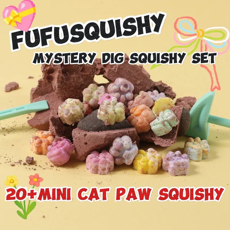 FUFUSQUISHY Chocolate Middle Large Cat Paw Dig Kit (20+ mini cat paw squishies)