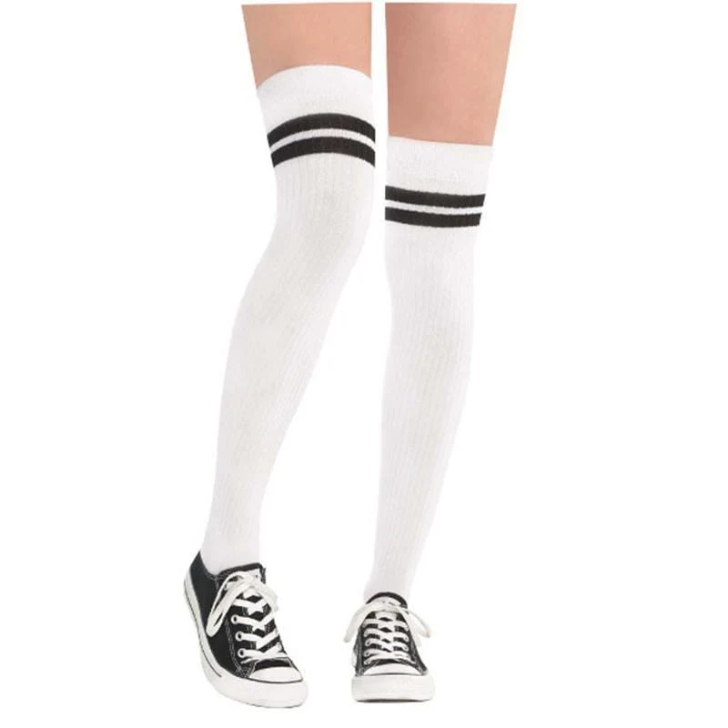 White & black striped thigh high socks for women