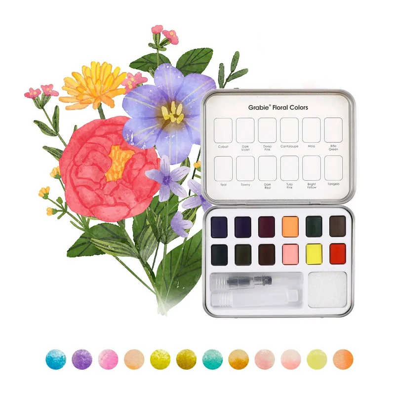 Grabie Professional Watercolor Pocket Set 12 Colors Floral Painting Kit
