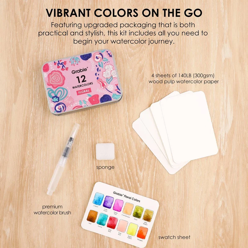 Grabie Professional Watercolor Pocket Set 12 Colors Floral Painting Kit