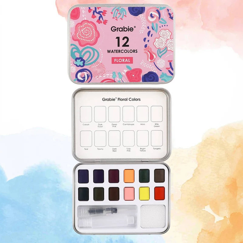 Grabie Professional Watercolor Pocket Set 12 Colors Floral Painting Kit