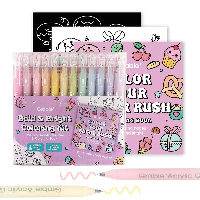 Grabie Bold & Bright Coloring Kit with 12 Acrylic Gel Pens - Sugar Rush