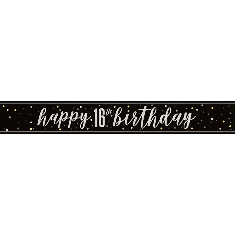 Black and Silver 16th Happy Birthday Banner, 1 Count