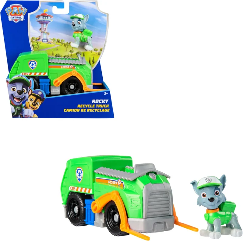 Paw Patrol Rocky Figure with Sustainable Recycling Truck Toy Vehicle