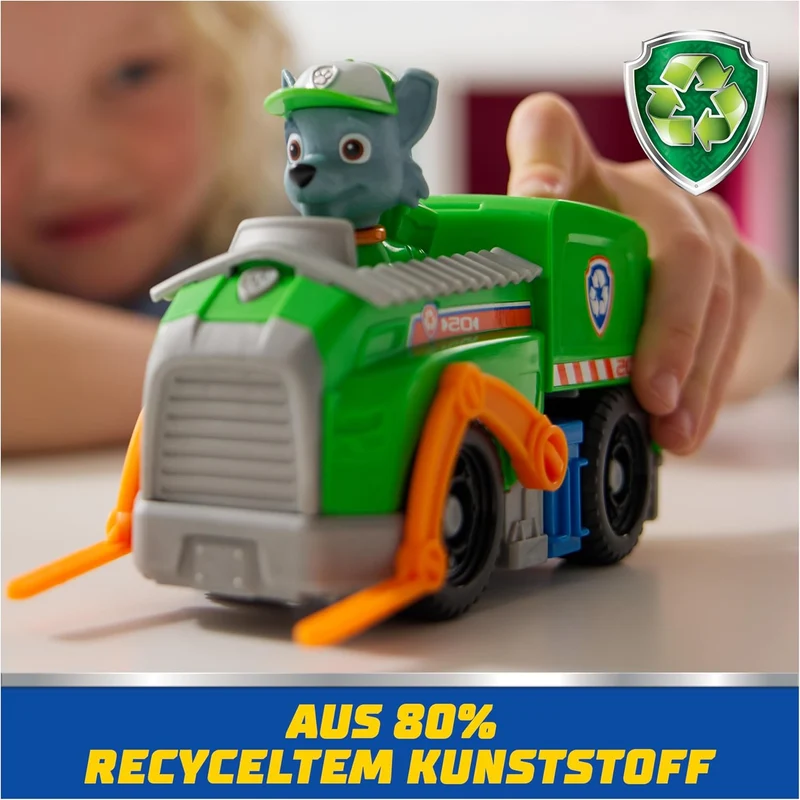 Paw Patrol Rocky Figure with Sustainable Recycling Truck Toy Vehicle