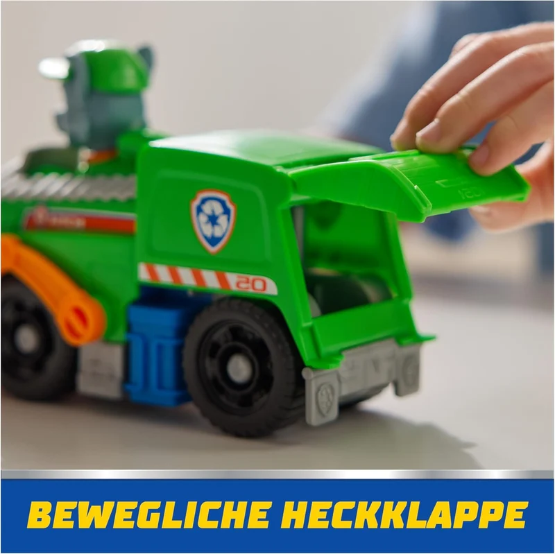 Paw Patrol Rocky Figure with Sustainable Recycling Truck Toy Vehicle