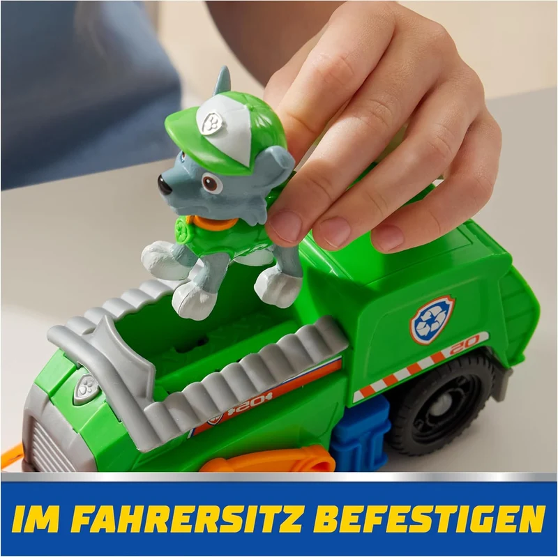 Paw Patrol Rocky Figure with Sustainable Recycling Truck Toy Vehicle