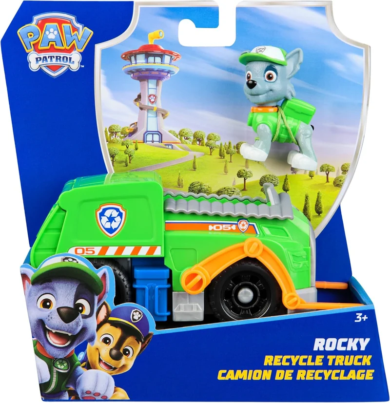 Paw Patrol Rocky Figure with Sustainable Recycling Truck Toy Vehicle