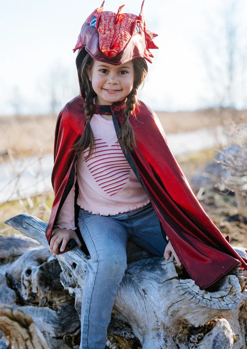 Ruby Metallic Dragon Cape - Vibrant Red Costume for Kids Size 5-6