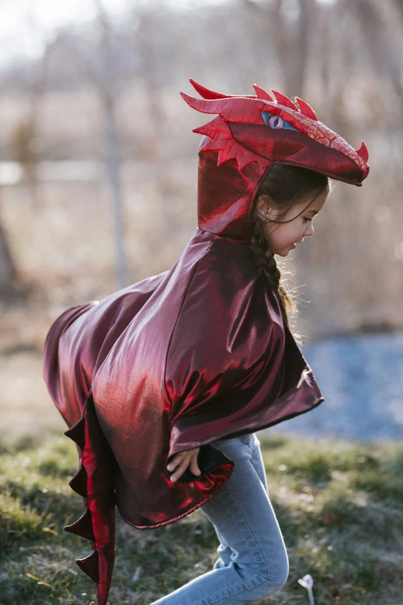 Ruby Metallic Dragon Cape - Vibrant Red Costume for Kids Size 5-6