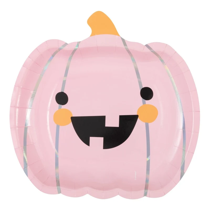 Groovy Halloween Large Pink Pumpkin Shaped Lunch Paper Plates, 9 Inches, 8 Count