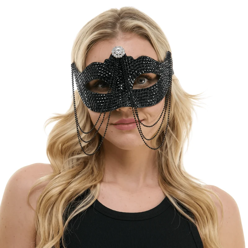 Black Venetian Mask with Chain, 1 Count