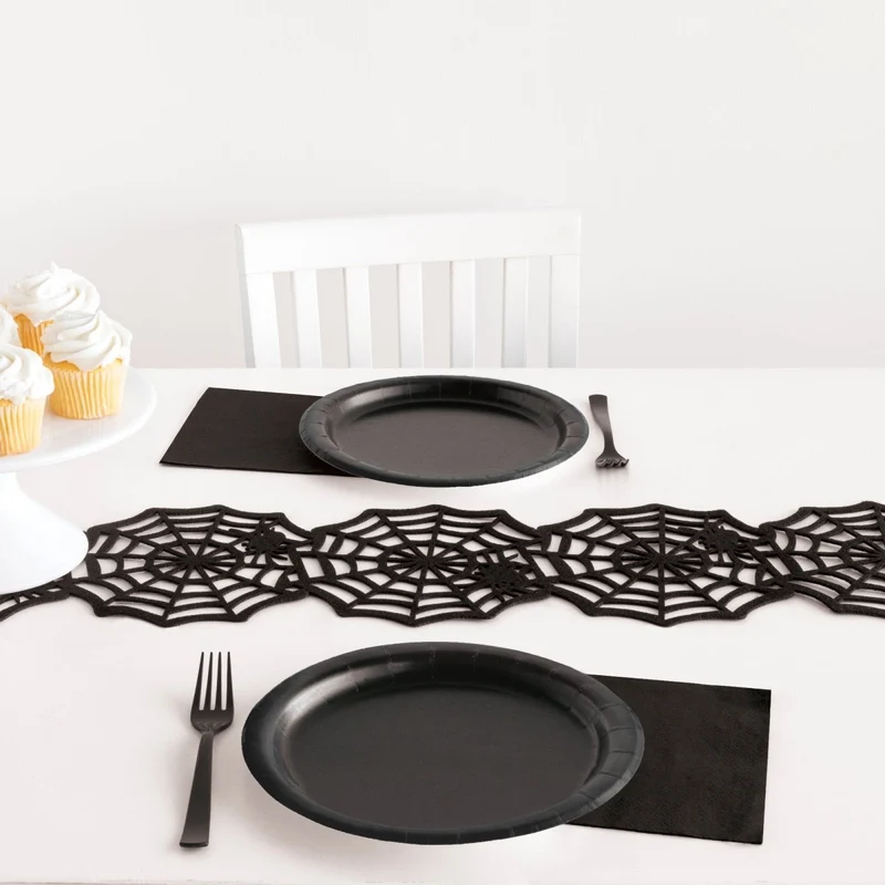 Black Felt Spider Web Table Runner, 7.25 x 31 Inches, 1 Count