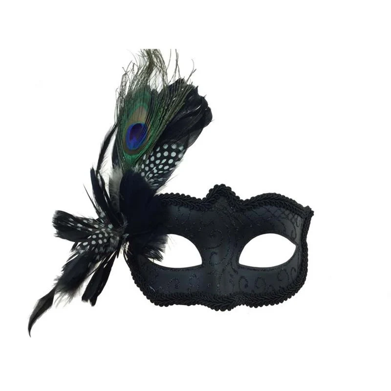 Black Venetian Mask With Feather, 1 Count