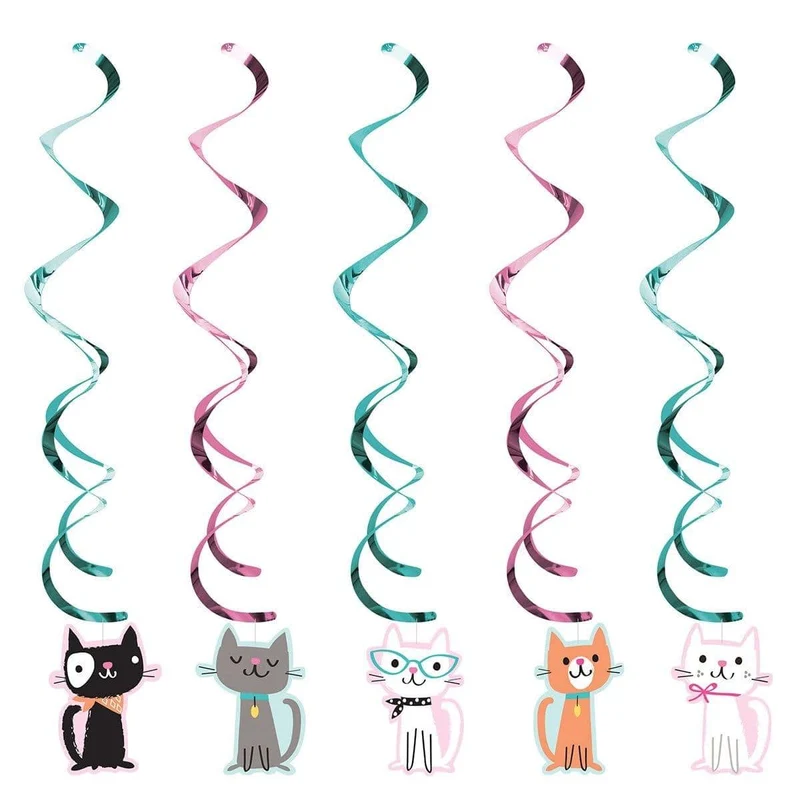 Purr-fect Party swirl decorations, 5 per package