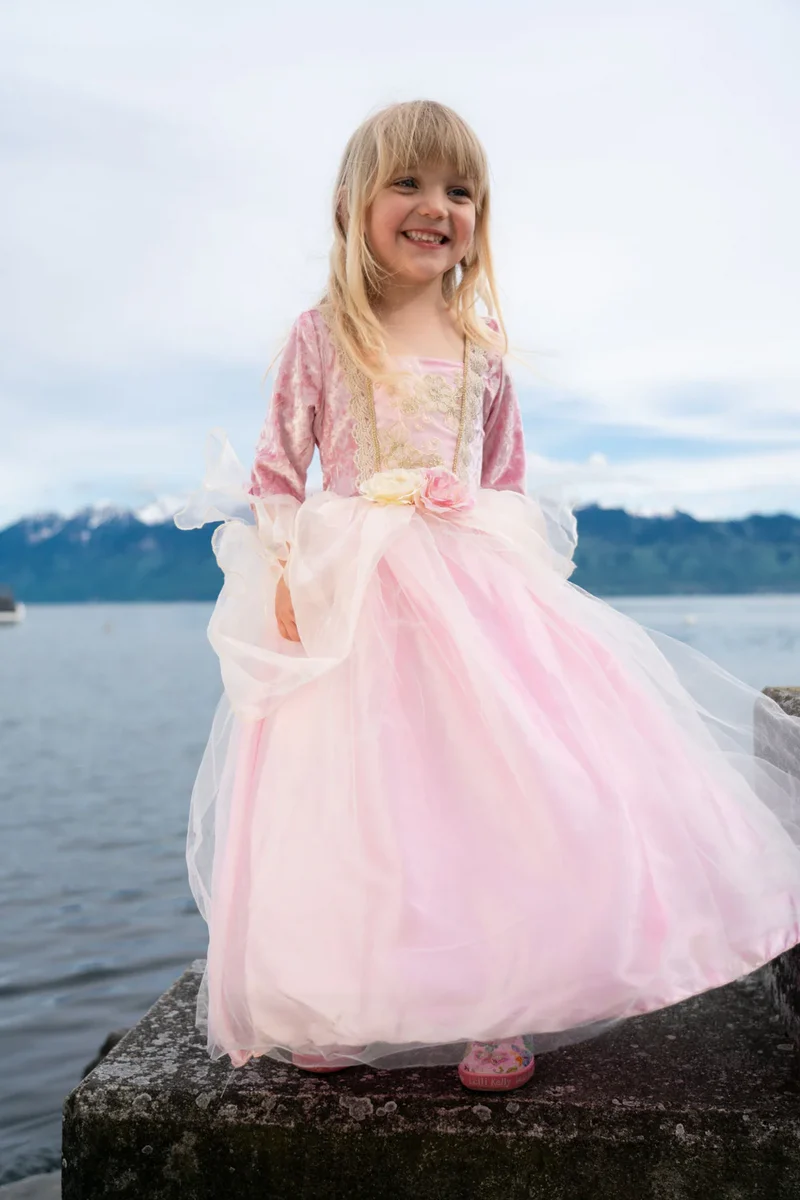 Pink Rose Princess Dress with Gold Trim and Tulle Skirt