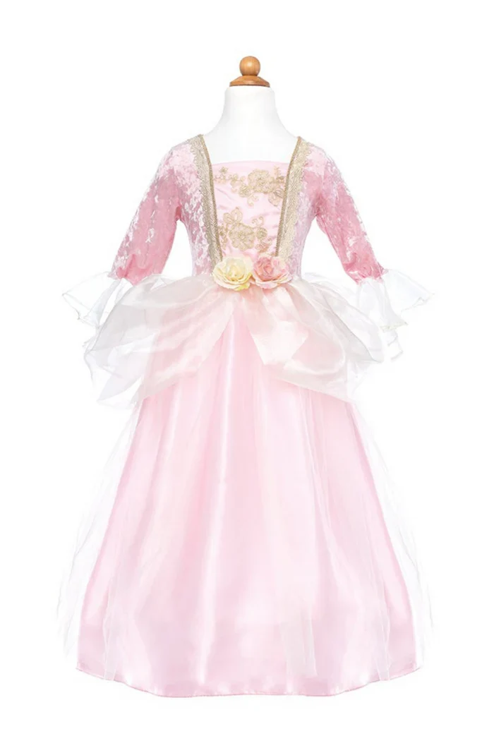 Pink Rose Princess Dress with Gold Trim and Tulle Skirt
