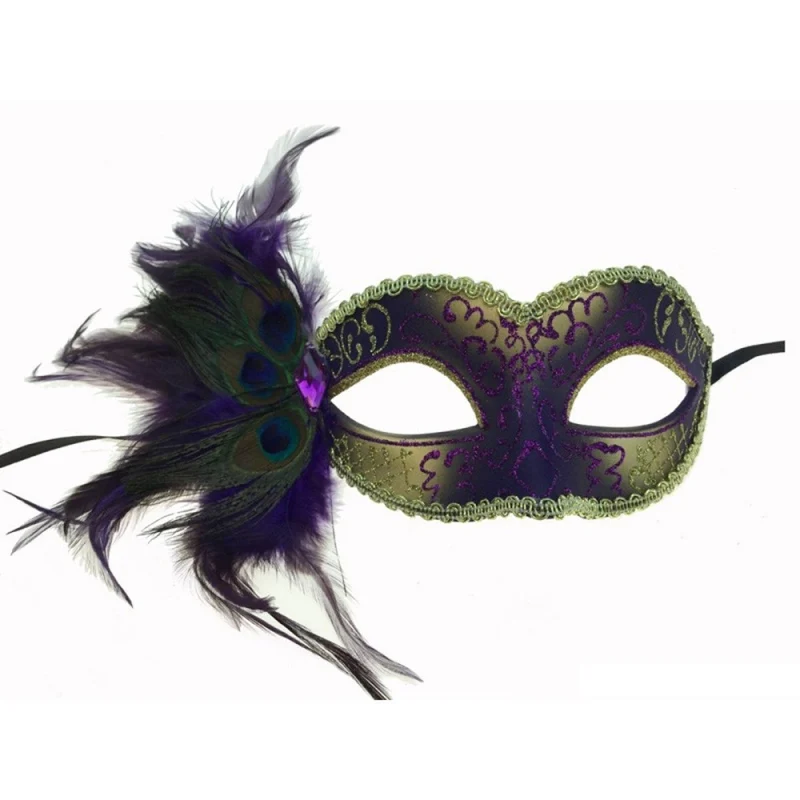 Purple Venetian Mask with Side Feather, 1 Count