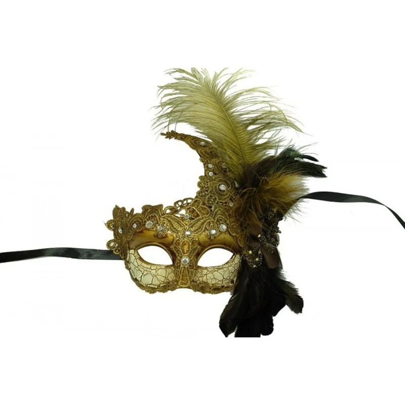 Gold Venetian Mask with Side Feather, 1 Count