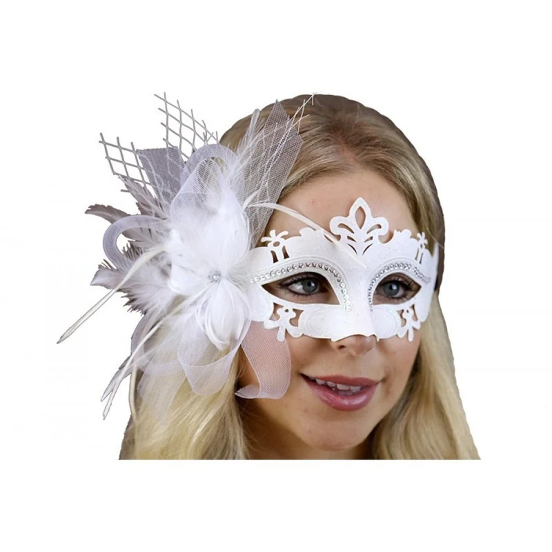 White and Silver Venetian Mask with Side Feathers, 1 Count