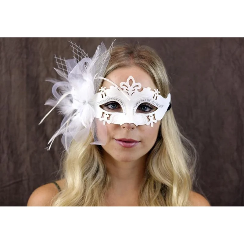 White and Silver Venetian Mask with Side Feathers, 1 Count