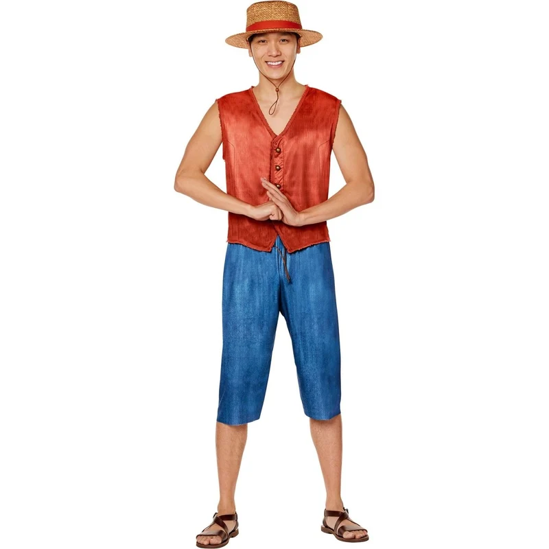 One Piece Luffy Costume for Adults, Red Vest and Blue Shorts