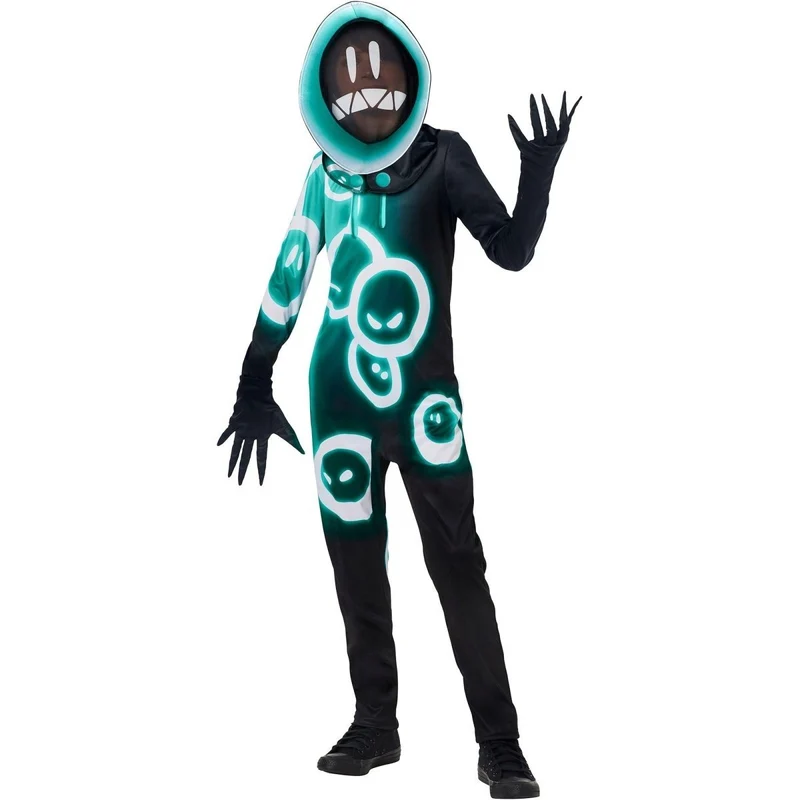 Fortnite Grimey Costume for Kids, Black and Blue Jumpsuit With Hood