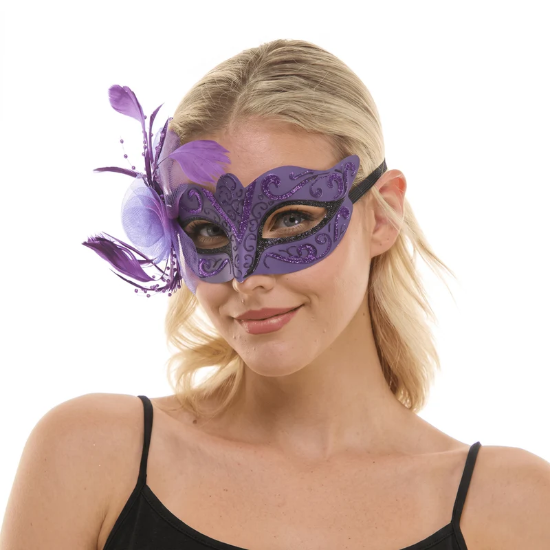 Purple Venetian Mask with Side Feathers, 1 Count