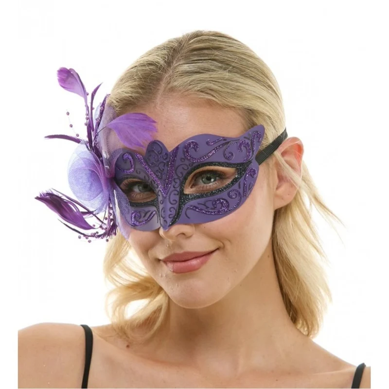 Purple Venetian Mask with Side Feathers, 1 Count