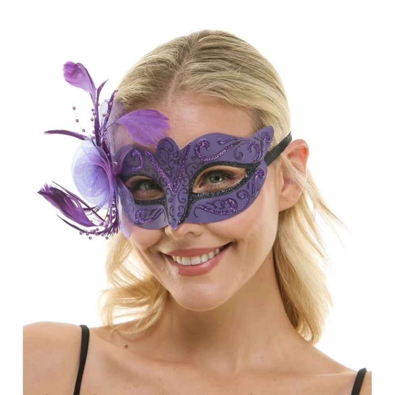 Purple Venetian Mask with Side Feathers, 1 Count
