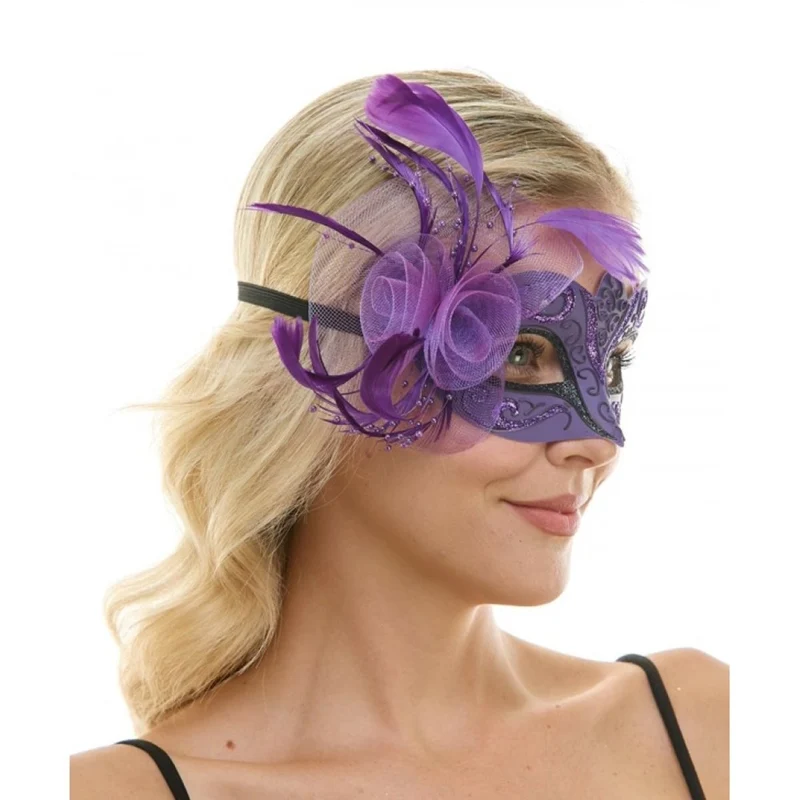 Purple Venetian Mask with Side Feathers, 1 Count