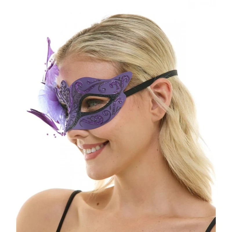 Purple Venetian Mask with Side Feathers, 1 Count
