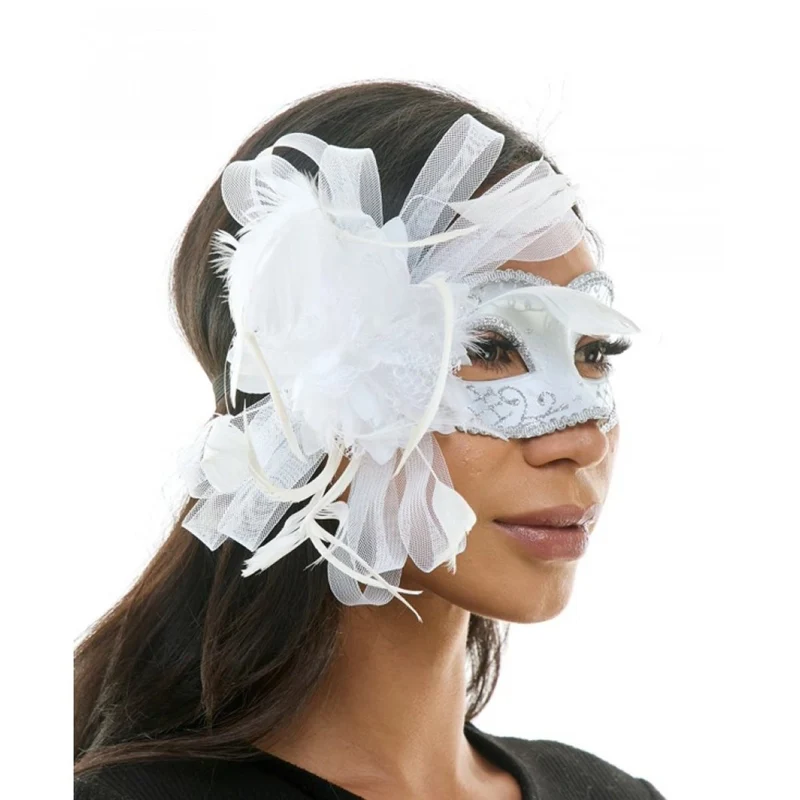 White Venetian Mask with Side Feathers, 1 Count