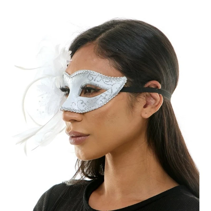 White Venetian Mask with Side Feathers, 1 Count
