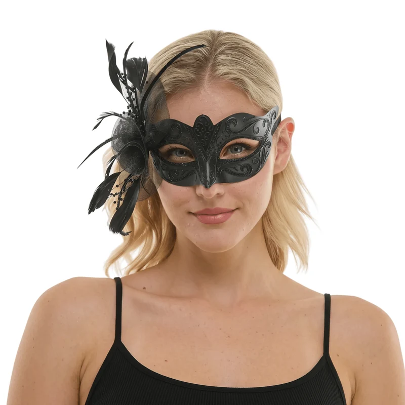 Black Venetian Mask with Side Feathers, 1 Count