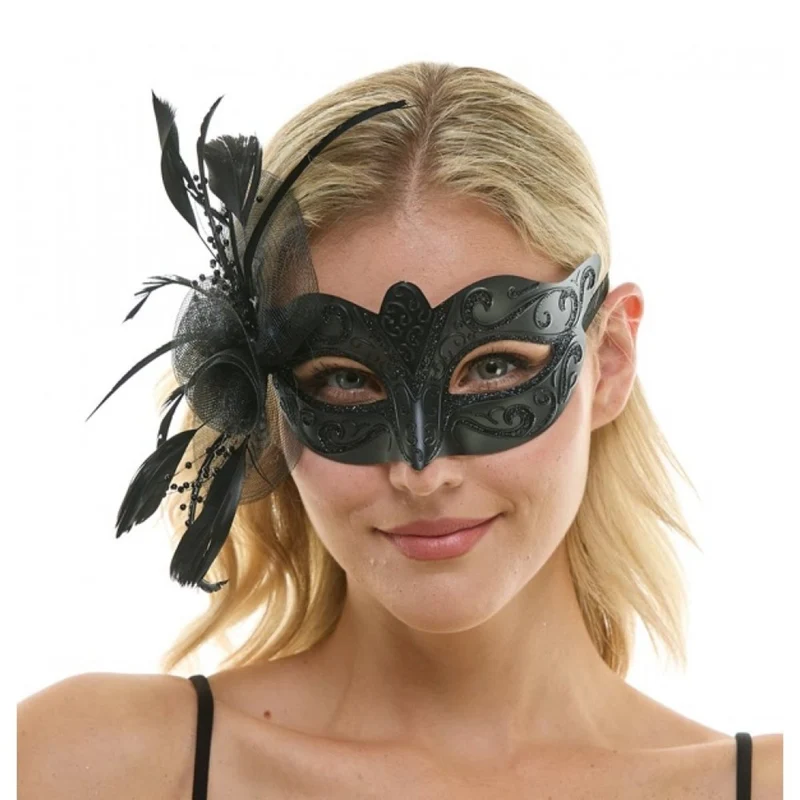 Black Venetian Mask with Side Feathers, 1 Count