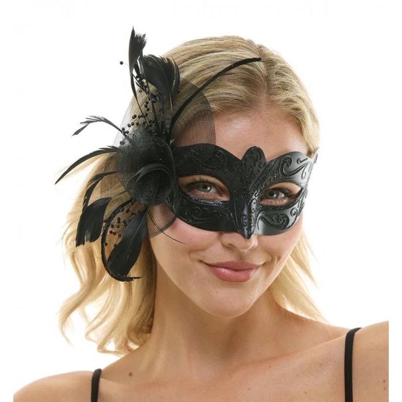 Black Venetian Mask with Side Feathers, 1 Count