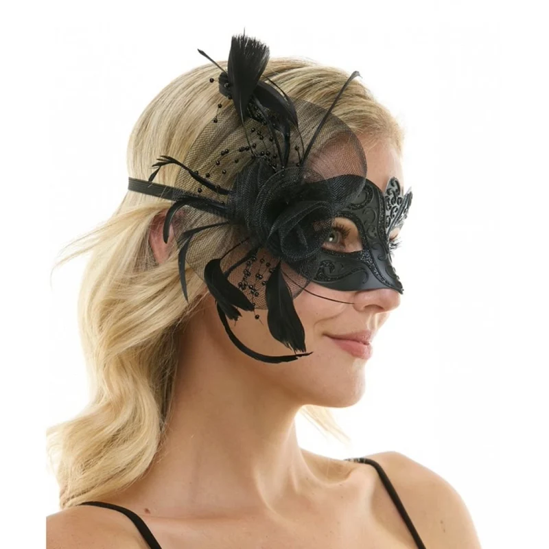Black Venetian Mask with Side Feathers, 1 Count