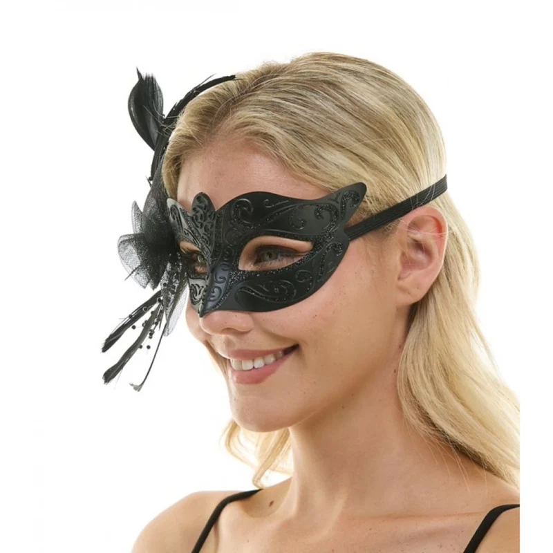 Black Venetian Mask with Side Feathers, 1 Count