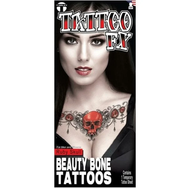 Ruby Skull Beauty Bone Temporary Tattoo FX
