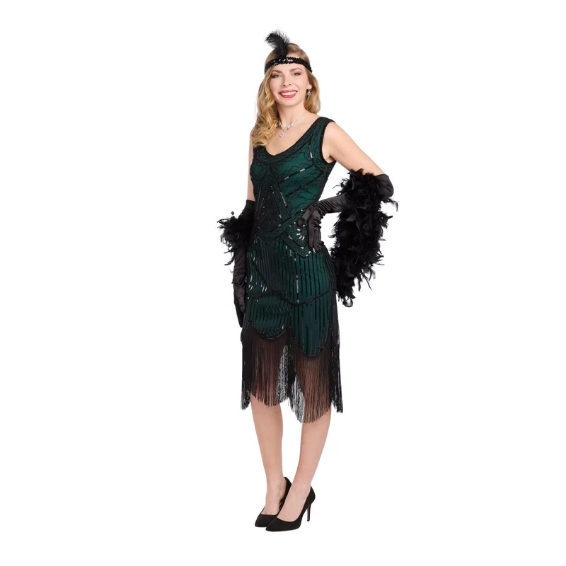 1920s Gatsby Elegant Lady Costume for Adults, Green and Black Dress