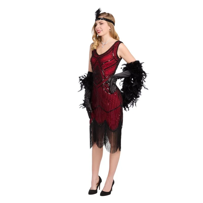 1920s Gatsby Elegant Lady Costume for Adults, Red and Black Dress