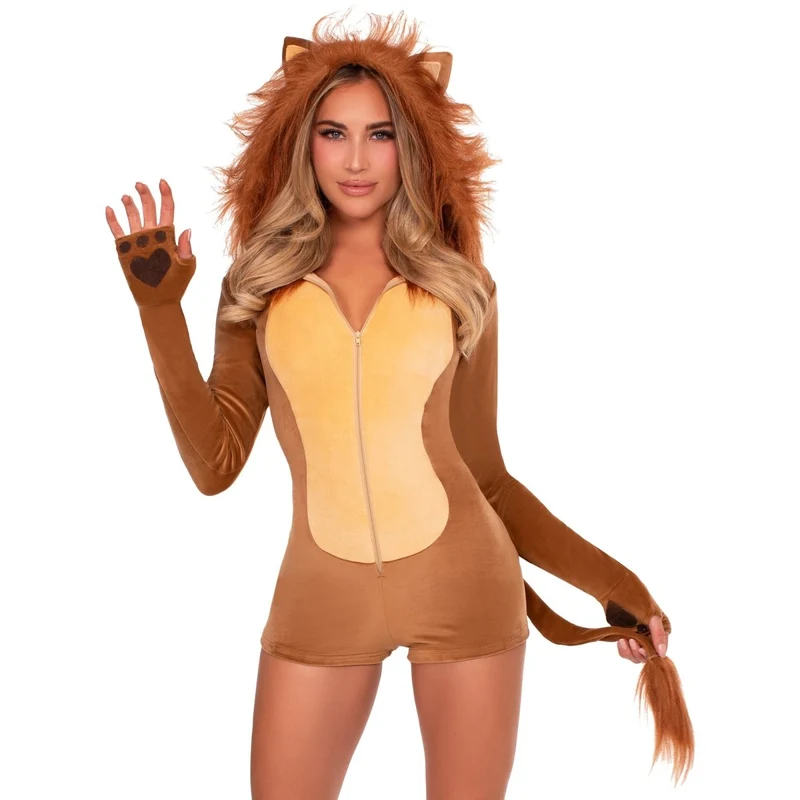 Comfy Lion Costume for Adults, Romper with Tail and Hood